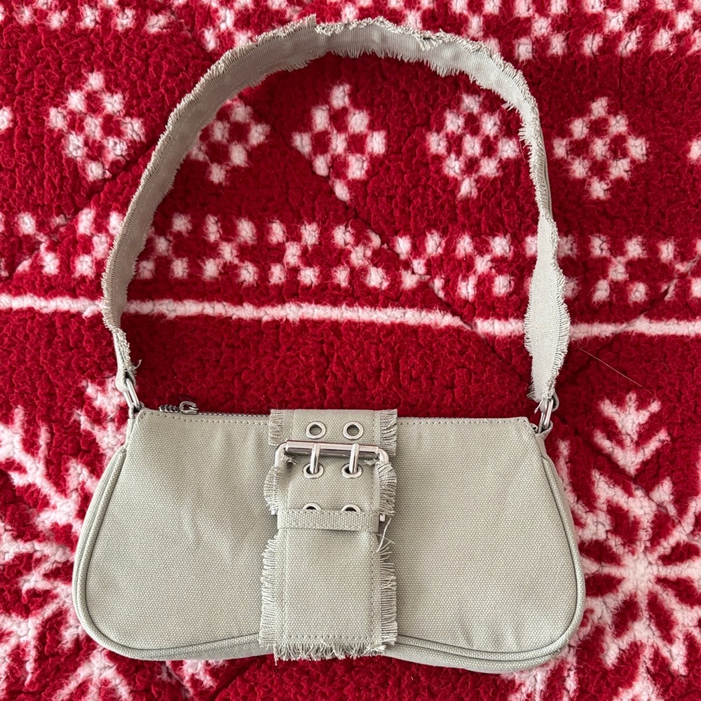 Divided Sage Green Shoulder Bag with Frayed Strap